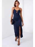 Rochie maxi netedă pe bretele cu despicatură, bleumarin 110570 - Magazin online - Boutique